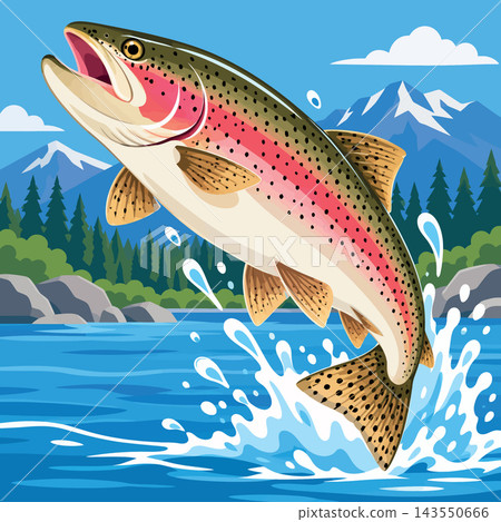 Vsai rainbow trout jumping out of river water Vsai rainbow trout jumping out of river water 143550666