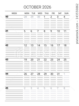 October 2026 English Simple Printable Monthly Calendar Modern Sans Serif Grid La October 2026 English Simple Printable Monthly Calendar Modern Sans Serif Grid La 143550862