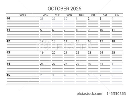 October 2026 English Simple Minimalist Monthly Calendar Clear Line Grid Desk Pla October 2026 English Simple Minimalist Monthly Calendar Clear Line Grid Desk Pla 143550863