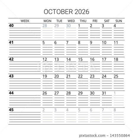 October 2026 English Basic Office Monthly Planner Grid Clean Minimalist Calendar October 2026 English Basic Office Monthly Planner Grid Clean Minimalist Calendar 143550864