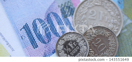 Currency of Switzerland. Banknotes and Swiss franc coins on them. Financial topics in Swiss banking 143551649
