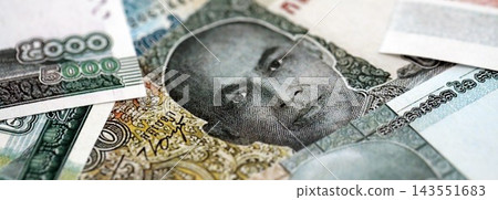 Cambodian riel money bills pile on table. Cambodia banknotes of KHR currency close up Cambodian riel money bills pile on table. Cambodia banknotes of KHR currency close up 143551683