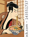 A Japanese-style illustration in the style of Ukiyo-e, depicting a Kabuki actor eating ramen – a fusion of Edo period and modern times. 143551737