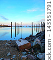 Weathered Pilings and Rocky Shore at Low Tide, Vertical 143551791