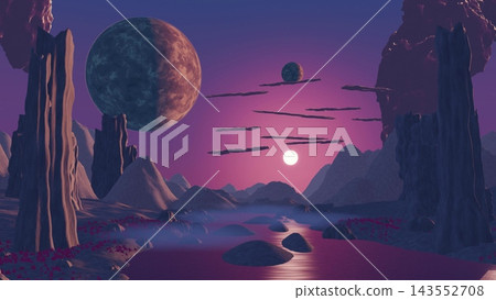Futuristic fantasy landscape, sci-fi with planets 3d render Futuristic fantasy landscape, sci-fi with planets 3d render 143552708