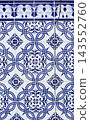 Hand-painted blue azulejo ceramic tiles. Antique Mediterranean wall and floor ornament. Church of Santa Marinha in Cortegaca 143552760