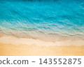Overhead vivid turquoise ocean deep blue shading pale sandy shoreline tropical crystal water abstract. Minimal design copy space. Clean layout banner template 143552875