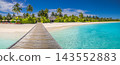 Panoramic wooden jetty stretching tropical island lush palms vivid turquoise lagoon wide bright shore. Scenic travel wanderlust vista. Exotic explore dream journey 143552883