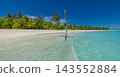 Wooden jetty resting calm vivid turquoise lagoon lush palm island blue sky bright tropical shore. Wellness meditation calm space. Peaceful mindful restorative quiet 143552884