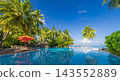 Infinity pool red parasol lush palms vivid turquoise lagoon blue sky bright tropical resort reflection. Luxury five star spa retreat. Exclusive indulgent poolside stay 143552889