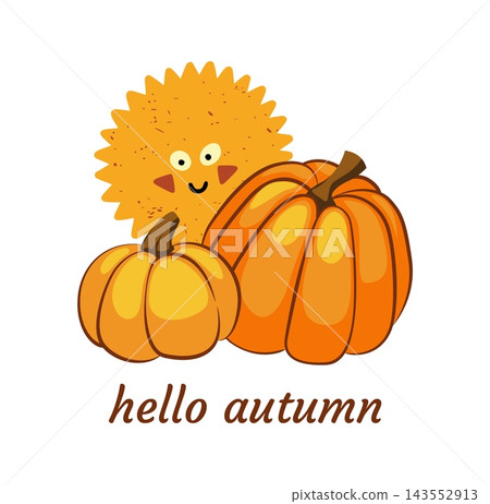 Smiling autumn composition. Cute sun character with two pumpkins and hand lettering, seasonal fall harvest, decoration greeting design for festive cards. Vector cartoon isolated illustration Smiling autumn composition. Cute sun character with two pumpkins and hand lettering, seasonal fall harvest, decoration greeting design for festive cards. Vector cartoon isolated illustration 143552913
