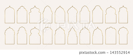 Islam arch. Ramadan door frame, indian pattern on window shape or arabian gate border with simple art. Architectural silhouettes decorative borders. Vector line isolated elements for design Islam arch. Ramadan door frame, indian pattern on window shape or arabian gate border with simple art. Architectural silhouettes decorative borders. Vector line isolated elements for design 143552914