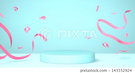 Pink ribbon banner. Gift product podium, sale or winner platform for trophy award backdrop. 3d pastel present stand for promotion. Minimal stage on pastel background. Vector illustration 143552924