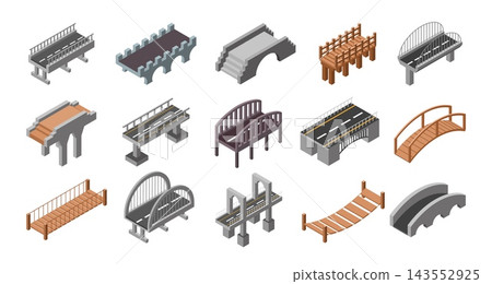 Isometric bridge set. Road and pedestrian bridges design in concrete and wood, transport infrastructure elements, construction and architectural object vector cartoon isolated illustration Isometric bridge set. Road and pedestrian bridges design in concrete and wood, transport infrastructure elements, construction and architectural object vector cartoon isolated illustration 143552925