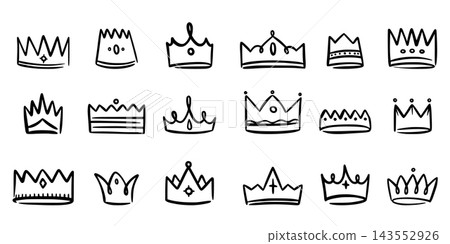 Crown icon. Doodle jewel sketch, yellow graffiti elements or modern success accessory. Royal queen silhouette. Different shapes and ornaments for logotype. Vector isolated illustration Crown icon. Doodle jewel sketch, yellow graffiti elements or modern success accessory. Royal queen silhouette. Different shapes and ornaments for logotype. Vector isolated illustration 143552926