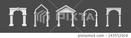 Arch gate. Roman door, 3d pillar, greek royal castle church. White Roman entrance, baroque palace architecture, traditional building facade, interior entrance. Vector isolated realistic set Arch gate. Roman door, 3d pillar, greek royal castle church. White Roman entrance, baroque palace architecture, traditional building facade, interior entrance. Vector isolated realistic set 143552928