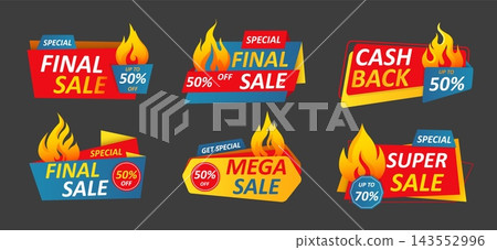 Sale promo badges set. Colorful discount labels with flame icons and percentage tags, retail promotion graphics for special offers, cashback deals, limited price. Vector illustration 143552996