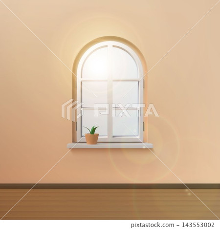 Sun window. 3d realistic white living room inside home, plant reflection on clear wood space, calm home space, natural light. Outdoor wooden wall isolated vector minimal background 143553002