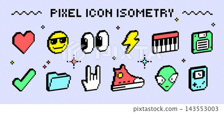 pixel cute isometry icons. Game emoji. 3d digital art isolated cool arrow sticker, 90s computer desktop. Y2K bit badge, digital interface graphics, sneaker, alien and heart. Vector design pixel cute isometry icons. Game emoji. 3d digital art isolated cool arrow sticker, 90s computer desktop. Y2K bit badge, digital interface graphics, sneaker, alien and heart. Vector design 143553003
