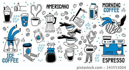 Coffee doodle. Hand drawn food and cup for cafe, fun sticker characters. Latte mug, cute espresso bean poster. Hot drinks preparation, menu variety, morning routine. Vector isolated icons 143553004