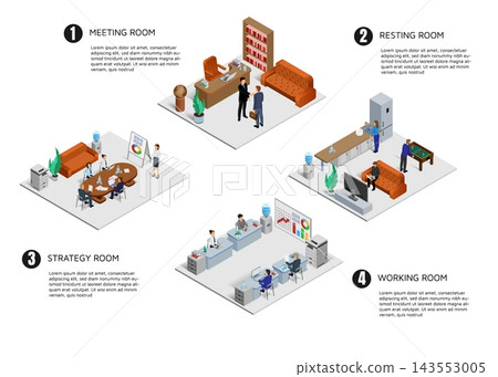 Isometric conference room. 3d building interior, people meeting, business infographic. Reception department. Office corporate workspace with furniture. Person on workplace. Vector design 143553005