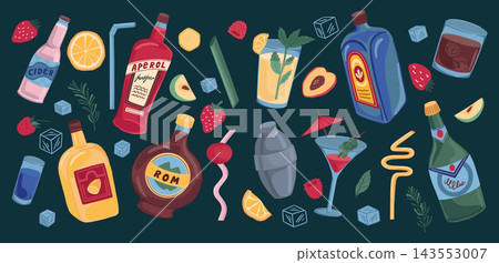 Cocktail drink. Retro summer alcohol party, fruit and liquor in rum shaker or doodle mojito beverage for trendy bar. Ingredients for mixing cold ice soda. Vector cartoon flat isolated set Cocktail drink. Retro summer alcohol party, fruit and liquor in rum shaker or doodle mojito beverage for trendy bar. Ingredients for mixing cold ice soda. Vector cartoon flat isolated set 143553007