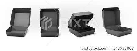 Burger box set. Open black food package realistic black, takeout food container mockup or takeaway hamburger paper wrapper. Product presentation render case. Vector 3d isolated illustration Burger box set. Open black food package realistic black, takeout food container mockup or takeaway hamburger paper wrapper. Product presentation render case. Vector 3d isolated illustration 143553008