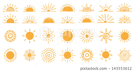 Sun icons. Sunrise or sunset, half of summer. Doodle sunshine ray, morning shine rise. Happy smile heat. Logotype hand drawn isolated elements, decorative minimal vector sketch style symbol 143553012