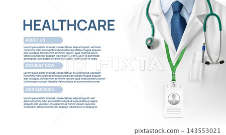 Medic background. White doctor nurse with stethoscope, abstract education template or close dentistry health. Professional hospital. Healthcare website banner template. Vector illustration 143553021