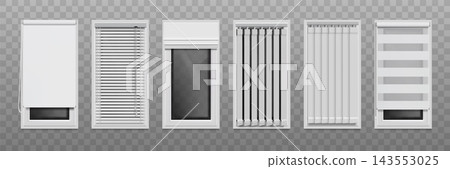 Window blind. 3d curtain frame, open white Venetian shutter or fabric in house interior. Horizontal realistic louvers. Modern home or office decor. White plastic and textile. Vector set Window blind. 3d curtain frame, open white Venetian shutter or fabric in house interior. Horizontal realistic louvers. Modern home or office decor. White plastic and textile. Vector set 143553025