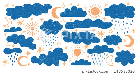 Crayon clouds set. Sun, rain weather and moon, kid hand drawn stars. Cute baby pencil texture, child sketch, atmospheric symbols for forecasts, decorative background vector illustration 143553026