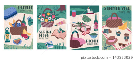 Summer picnic. Spring food basket, fruit and beach cocktail park vibe. Party poster with dinner on blanket, weekend outside. Card or prints design. Vector cartoon isolated illustration Summer picnic. Spring food basket, fruit and beach cocktail park vibe. Party poster with dinner on blanket, weekend outside. Card or prints design. Vector cartoon isolated illustration 143553029