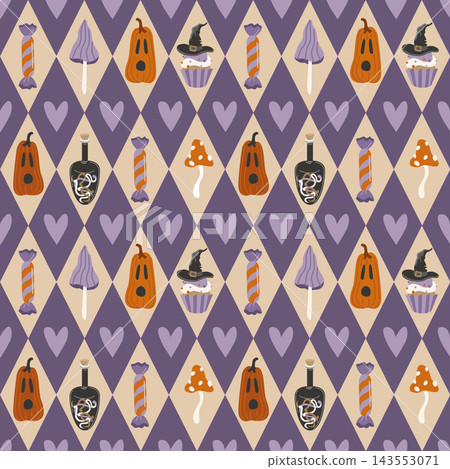 Halloween geometric seamless pattern with rhombs, trick-or-treat sweet, spooky cupcake, poisonous mushrooms and Jack-o-lantern pumpkin for packaging, background, wrapping paper Halloween geometric seamless pattern with rhombs, trick-or-treat sweet, spooky cupcake, poisonous mushrooms and Jack-o-lantern pumpkin for packaging, background, wrapping paper 143553071