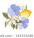 Lemons with flax flowers, citrus blossoms and green foliage. Botanical vector composition. 143553280