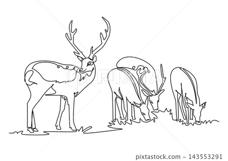 Continuous one line drawing herd of wild deer in meadow, featuring majestic stag standing guard with grand antlers while the other graze peacefully. Single line draw design vector graphic illustration Continuous one line drawing herd of wild deer in meadow, featuring majestic stag standing guard with grand antlers while the other graze peacefully. Single line draw design vector graphic illustration 143553291