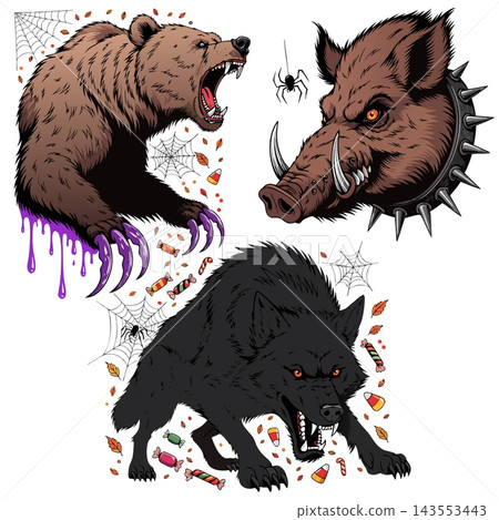 The selected area features a set of Halloween-themed vector illustrations depicting three aggressive wild animals 143553443