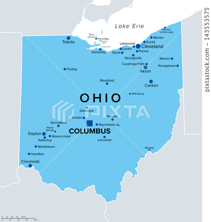Ohio, U.S. state, political map with capital Columbus, the largest cities Cleveland, Cincinnati, Toledo and others. State in the Midwestern region of the United States, nicknamed Buckeye State. Vector Ohio, U.S. state, political map with capital Columbus, the largest cities Cleveland, Cincinnati, Toledo and others. State in the Midwestern region of the United States, nicknamed Buckeye State. Vector 143553575
