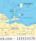 Ohio Lake Erie shores and islands, United States, political map. Freshwater coastal destination made up of communities throughout Erie and Ottawa counties along southern shore of Lake Erie. Vector Ohio Lake Erie shores and islands, United States, political map. Freshwater coastal destination made up of communities throughout Erie and Ottawa counties along southern shore of Lake Erie. Vector 143553576