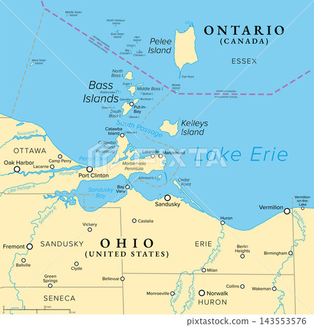 Ohio Lake Erie shores and islands, United States, political map. Freshwater coastal destination made up of communities throughout Erie and Ottawa counties along southern shore of Lake Erie. Vector Ohio Lake Erie shores and islands, United States, political map. Freshwater coastal destination made up of communities throughout Erie and Ottawa counties along southern shore of Lake Erie. Vector 143553576