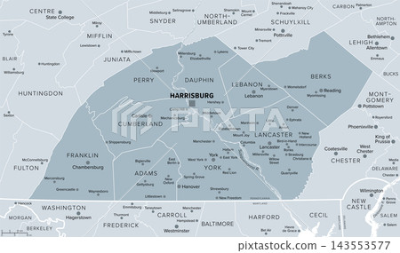 Pennsylvania Dutch Country gray political map. Originally a region in Pennsylvania, United States, with distinctive Pennsylvania Dutch culture, today the phrase is used more in tourism context. Vector Pennsylvania Dutch Country gray political map. Originally a region in Pennsylvania, United States, with distinctive Pennsylvania Dutch culture, today the phrase is used more in tourism context. Vector 143553577
