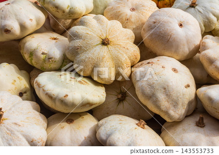 Full frame texture of fresh organic white pattypan squash on a seasonal autumn harvest market display Full frame texture of fresh organic white pattypan squash on a seasonal autumn harvest market display 143553733