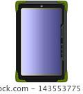 Front view illustration of a futuristic tablet device in black and lime green, with a purple screen, suitable for use as a sci-fi game device. 143553775