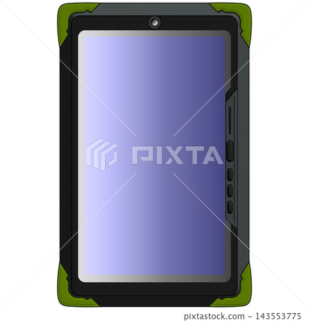 Front view illustration of a futuristic tablet device in black and lime green, with a purple screen, suitable for use as a sci-fi game device. Front view illustration of a futuristic tablet device in black and lime green, with a purple screen, suitable for use as a sci-fi game device. 143553775