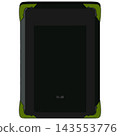 A futuristic tablet back illustration in black and lime green - fictional electronic device material usable for sci-fi games and designs. 143553776