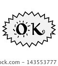 A lively, hand-drawn style comic button/game UI decoration featuring a jagged white speech bubble with black "OK" text. 143553777