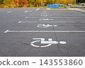 White handicap accessibility symbols painted on asphalt surface mark reserved parking spaces in empty outdoor lot. Disability rights, accessible infrastructure, and inclusive urban navigation 143553860