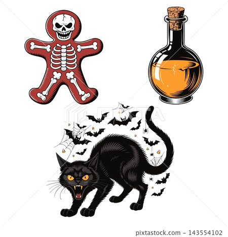 The image shows a set of vintage-style vector graphic elements themed around Halloween The image shows a set of vintage-style vector graphic elements themed around Halloween 143554102