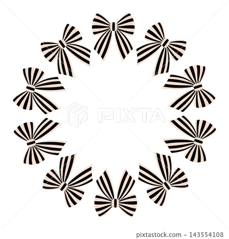 Halloween striped bow wreath frame with copy space. Cute coquette black cream ribbon wreath, isolated on transparent background. PNG. Vector 143554108
