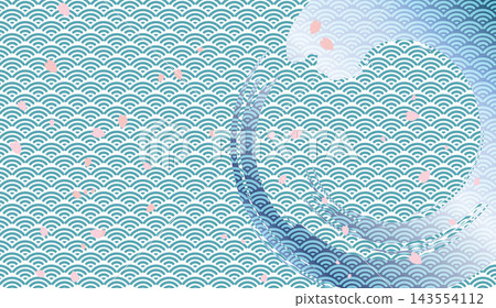 A vector graphic featuring a traditional Japanese wave pattern background with cherry blossom petals fluttering, combined with a dynamic brushstroke-style wave frame. A vector graphic featuring a traditional Japanese wave pattern background with cherry blossom petals fluttering, combined with a dynamic brushstroke-style wave frame. 143554112