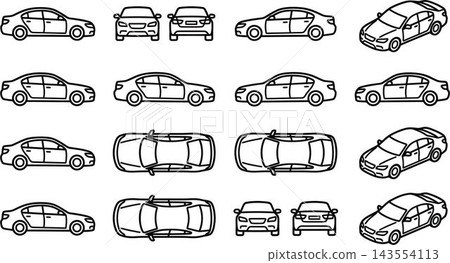Car Icons Vector Set: Outline Vehicles from Multiple Angles 143554113